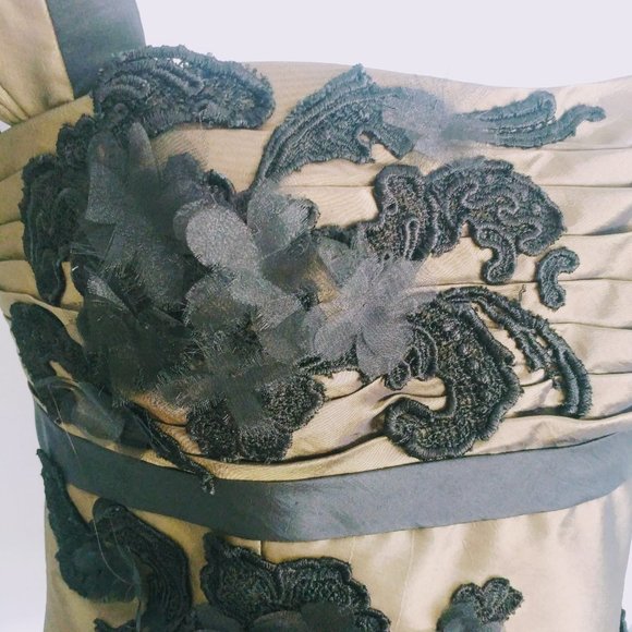 Y2K Olive & Black  Taffeta Satin Floral Applique Blouse Cap Sleeves Square Neck - Picture 4 of 9